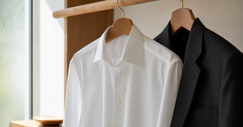 Vit skjorta och svart blazer hängande i minimalistisk garderob