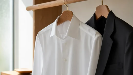 Vit skjorta och svart blazer hängande i minimalistisk garderob